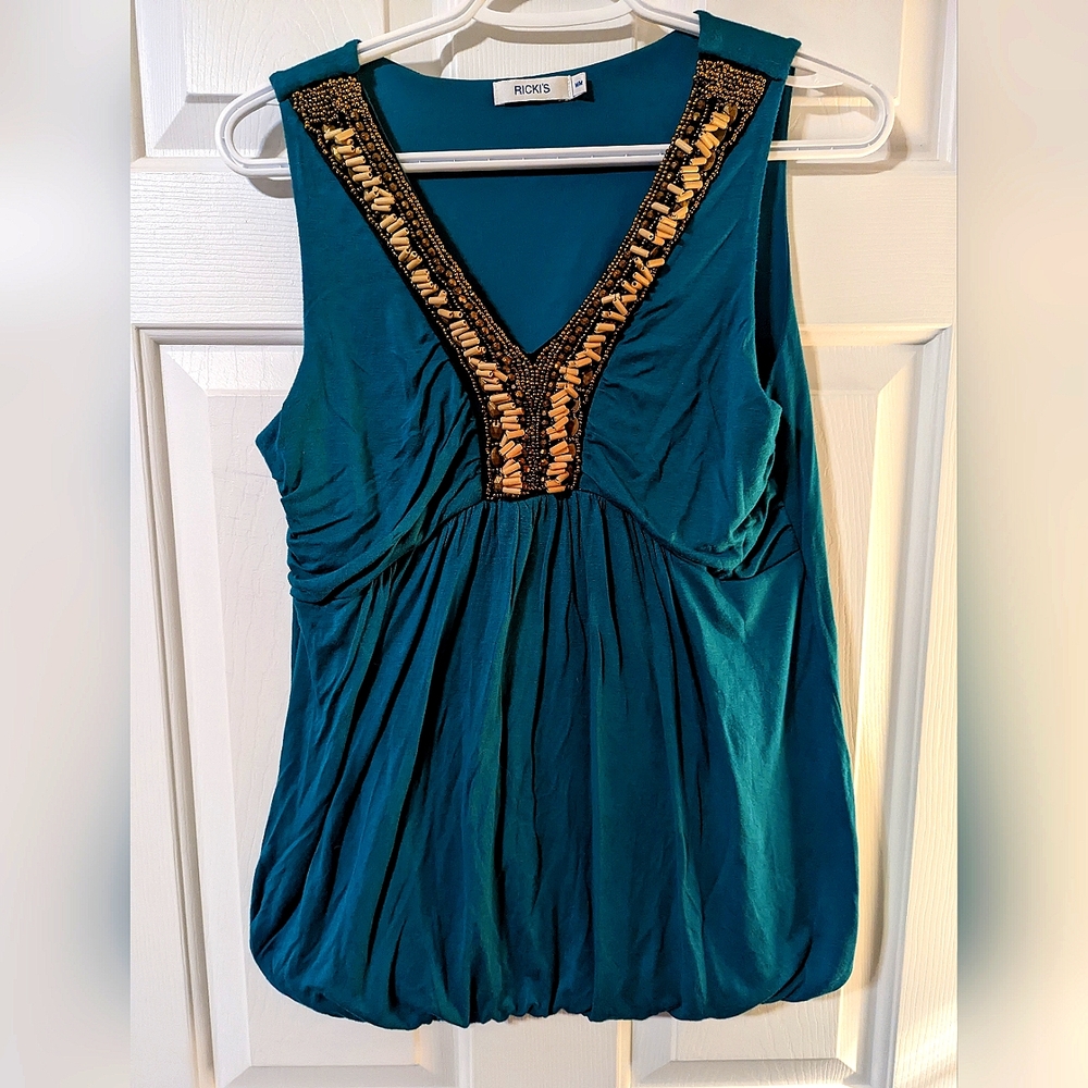 Ricki's Dark Green Beaded V-Neckline Ruched Top